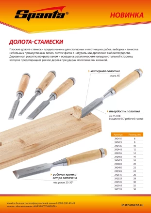 Долото-стамеска 24 мм, деревянная рукоятка Sparta 242505 купить в Перми