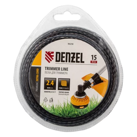 Леска для триммера двухкомпонентная зубчатый квадрат, 2,4мм х 15м, блистер EXTRA CORD, Denzel 96258 купить в Перми