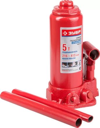 Домкрат ЗУБР ЭКСПЕРТ гидравлический бутылочный в пластмассовом кейсе, 5т, 216-413мм 43060-5-K купить в Перми