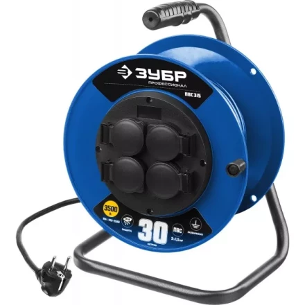 Удлинитель на катушке &quot;ПВС 315&quot;, 30 м, 3500 Вт, 4 гнезда, IP44, ПВС 3х1,5 кв мм, ЗУБР 55081-30 купить в Перми