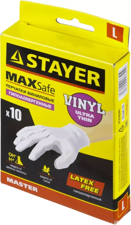 Перчатки STAYER "MASTER" виниловые экстратонкие, L, 10шт 11208-L купить в Перми