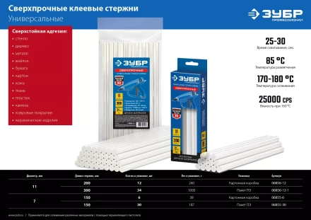 ЗУБР 7 х 150 мм, 30 шт, сверхпрочные прозрачные клеевые стержни, Профессионал (06855-30) купить в Перми