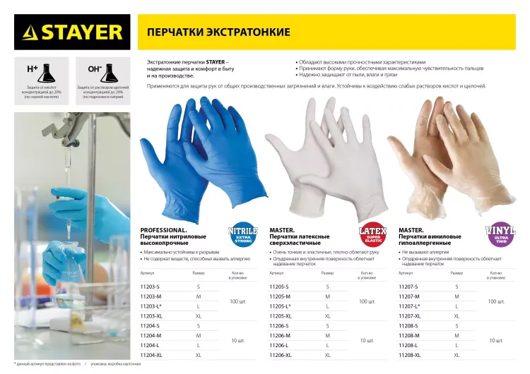 Перчатки STAYER "MASTER" виниловые экстратонкие, S, 10шт 11208-S купить в Перми