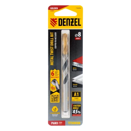 Сверло спиральное по металлу Denzel 8 x 117мм, Р6М5, Golden Tip, многогранная заточка, 718282 купить в Перми