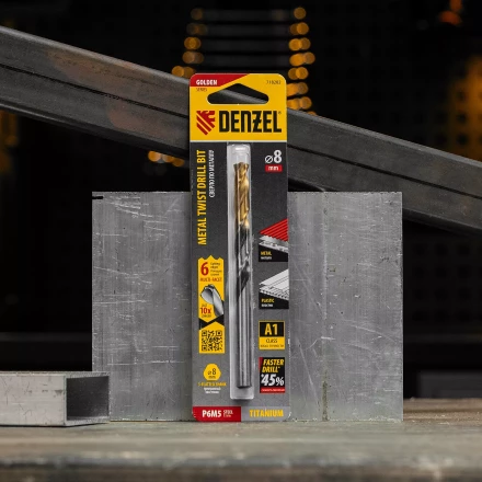 Сверло спиральное по металлу Denzel 8 x 117мм, Р6М5, Golden Tip, многогранная заточка, 718282 купить в Перми