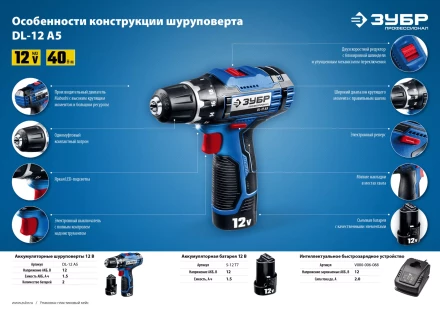Дрель-шуруповерт 2 АКБ DL-12 A5 серия ПРОФЕССИОНАЛ купить в Перми
