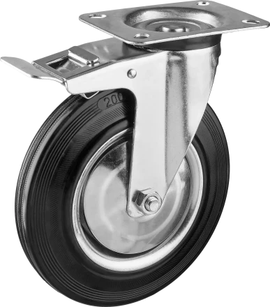 Колеса поворотные с тормозом из литой резины с металлическим диском серия ПРОФЕССИОНАЛ купить в Перми