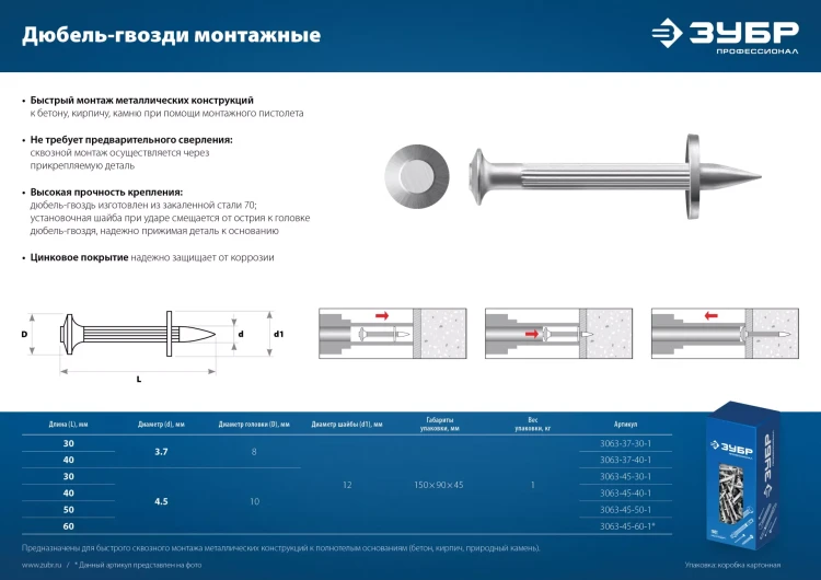 ЗУБР ДГМ, 50 x 4.5 мм, цинк, 1 кг, монтажный дюбель-гвоздь , Профессионал (3063-45-50-1) купить в Перми