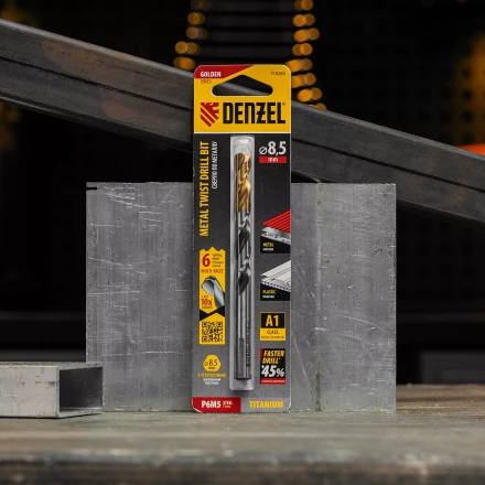 Сверло спиральное по металлу Denzel, 8,5 x 117мм, Р6М5, Golden Tip, многогранная заточка, 718283 купить в Перми