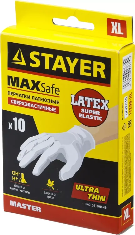 Перчатки STAYER "MASTER" латексные экстратонкие, L, 10шт 11206-L купить в Перми
