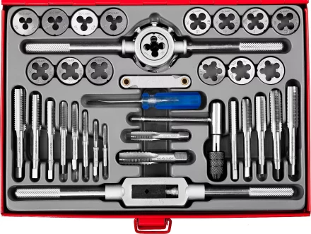 Набор ЗУБР &quot;ЭКСПЕРТ&quot; с металлореж. инструментом, метчики однопроходные и плашки М3-М12, оснастка-в метал. боксе, 35пред. 28117-H35 купить в Перми