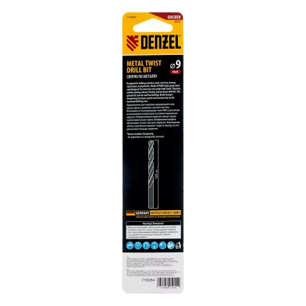 Сверло спиральное по металлу Denzel 9 x 125мм, Р6М5, Golden Tip, многогранная заточка, 718284 купить в Перми