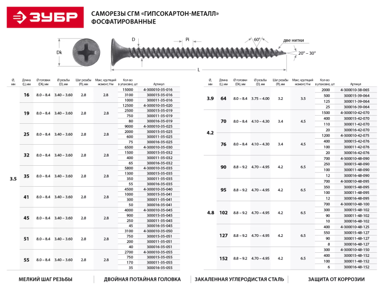 Саморезы фосфатированные с мелкой резьбой, гипсокартон-металл, ЗУБР 300016-48-127, PH2, 4,8 x 127 мм, 8 шт 300016-48-127 купить в Перми