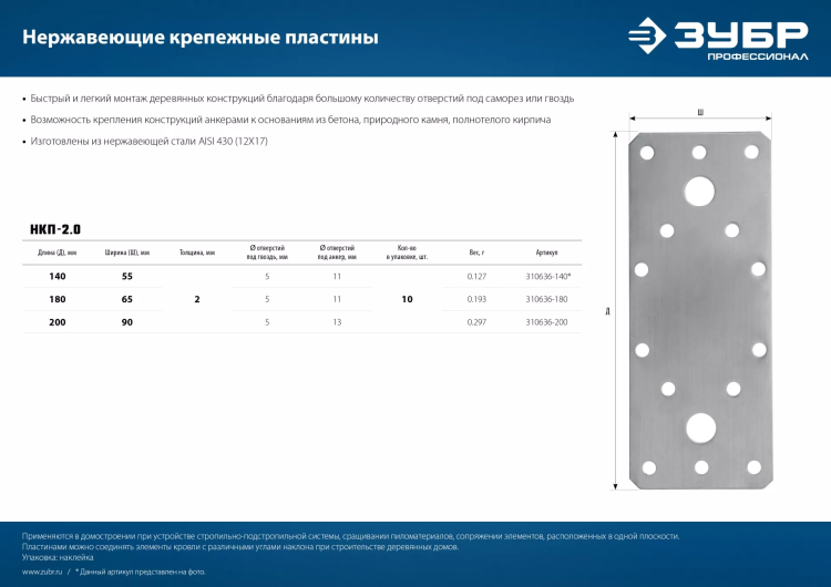 ЗУБР НКП-2.0, 180 x 65 x 2 мм, нержавеющая крепежная пластина, Профессионал (310636-180) купить в Перми