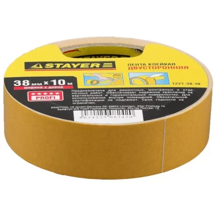 Двухсторонняя клейкая лента на полипропиленовой основе, STAYER 1221-38-10, 38мм х 10м 1221-38-10 купить в Перми
