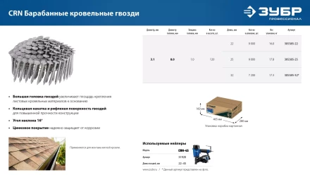 ЗУБР CRN 32 х 3.1 мм, барабанные гвозди кровельные оцинкованные, 7200 шт (305385-32) купить в Перми