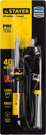 Паяльник PROTerm с двухкомпонентной рукояткой, в комплекте с припоем и подставкой, жало - конус, STAYER Professional 55300-40, 40 Вт 55300-40 купить в Перми