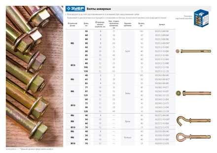 ЗУБР М12 х 60 мм, 40 шт, анкерный болт с гайкой, Профессионал (302342-12-060) купить в Перми