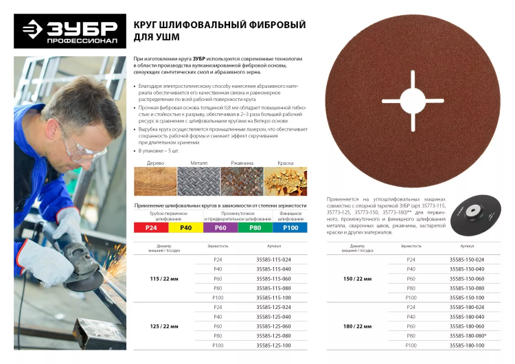 Круг шлифовальный ЗУБР "ПРОФИ" фибровый, для УШМ, P24, 115х22мм, 5 листов 35585-115-024 купить в Перми