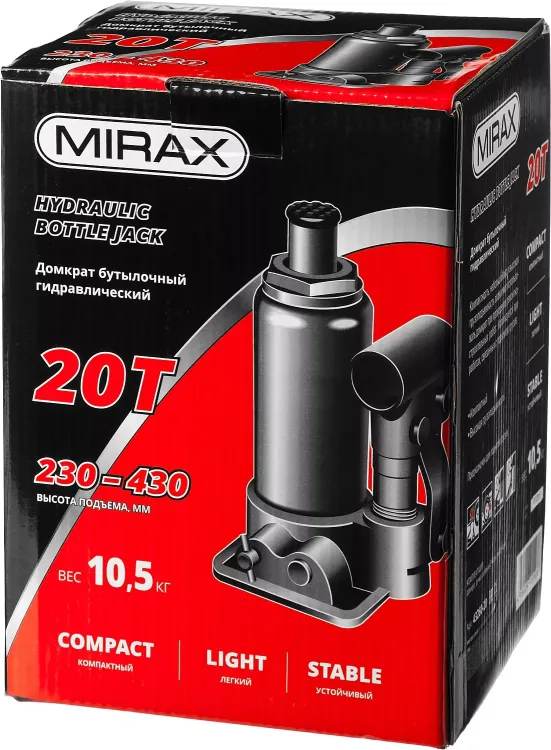 Домкрат гидравлический бутылочный, 20т, 230-430 мм, MIRAX 43260-20 43260-20 купить в Перми
