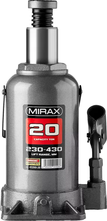 Домкрат гидравлический бутылочный, 20т, 230-430 мм, MIRAX 43260-20 43260-20 купить в Перми