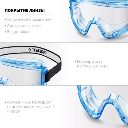 ЗУБР ПАНОРАМА Г, закрытого типа, стекло из ударопрочного поликарбоната, защитные очки с герметичной вентиляцией, Профессионал (110232) купить в Перми