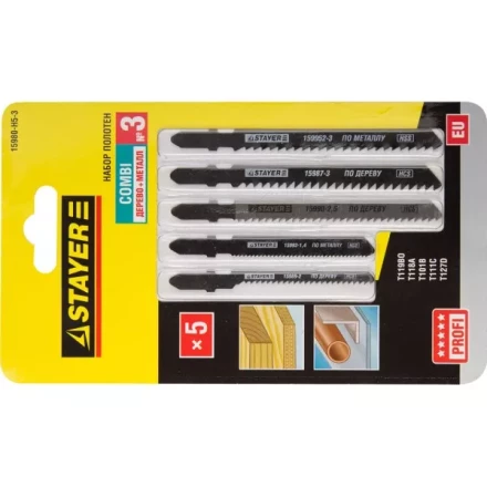 Набор STAYER &quot;PROFI&quot; Пилки &quot;УНИВЕРСАЛ №3&quot; для эл/лобзика, по дереву, мет. и пласт., EU-хвост., 5шт 15980-H5-3 купить в Перми