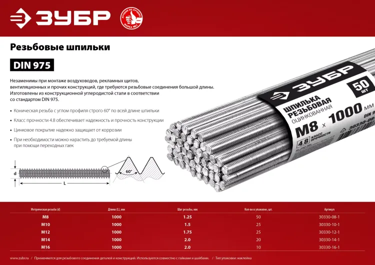ЗУБР DIN 975, кл. пр. 4.8, М16 х 1000 мм, цинк, 10 шт, резьбовая шпилька (30330-16-1) купить в Перми