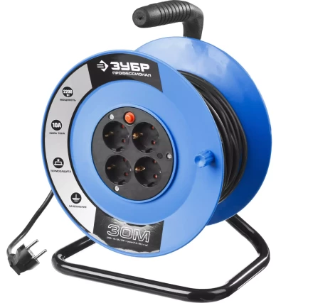 Удлинитель ЗУБР &quot;ПРОФЕССИОНАЛ&quot; на катушке, ПВС 3х1кв мм, 4 гнезда, макс мощн 2200Вт, 30м 55082-30 купить в Перми