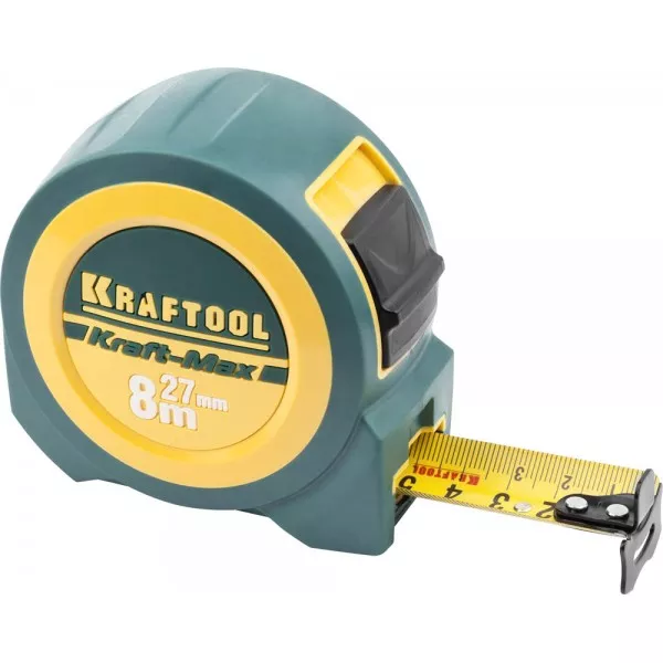 Рулетка KRAFTOOL "Kraft-Max", длинный вылет, нейлон покрытие, упрочненный двухкомп корпус, 8м/27мм 34127-08-27 купить в Перми