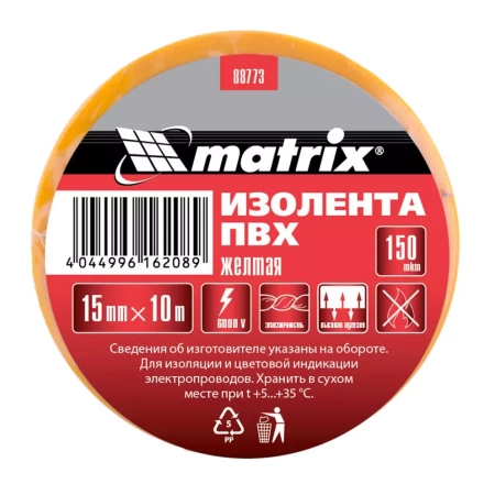 Изолента ПВХ 15 мм х 10 м желтая 150 мкм Matrix 88773 купить в Перми