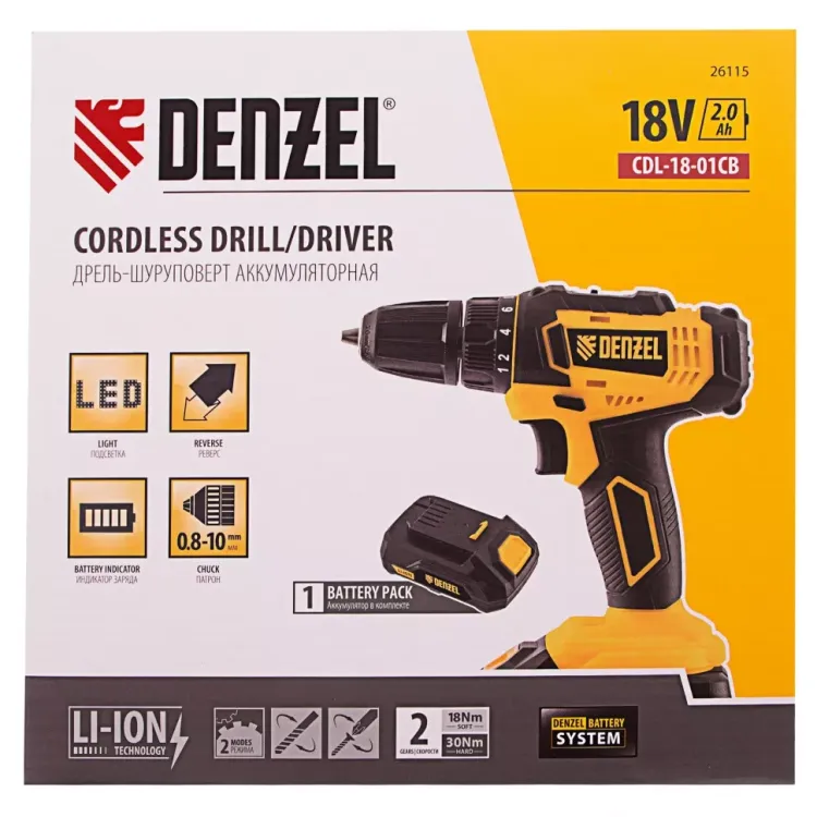 Дрель-шуруповерт аккумуляторная Denzel 26115, CDL-18-01CB, Li-Ion, 18 В, 1 аккумулятор купить в Перми