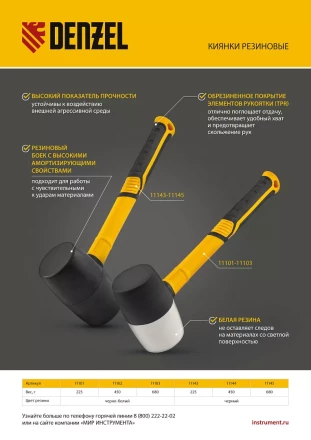 Киянка резиновая, 450 г, черно-белая, фибергласовая рукоятка c TPR покрытием Denzel 11102 купить в Перми