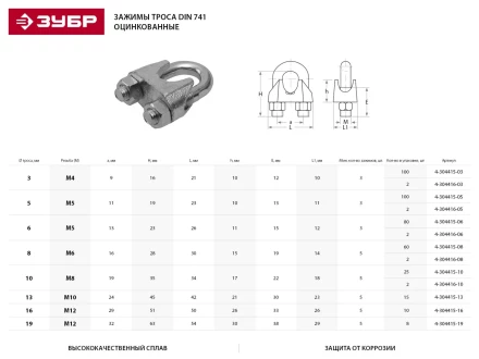 Зажим троса ЗУБР &quot;ПРОФЕССИОНАЛ&quot; DIN 741, оцинкованный, 8мм, 60 шт 4-304415-08 купить в Перми