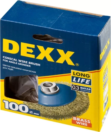 DEXX. Щетка коническая для УШМ, витая стальная латунированная проволока 0,3мм, 100ммхМ14 35105-100 купить в Перми
