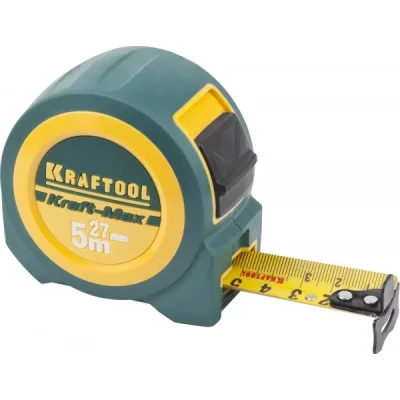 Рулетка KRAFTOOL "Kraft-Max", длинный вылет, нейлон покрытие, упрочненный двухкомп корпус, 5м/27мм 34127-05-27