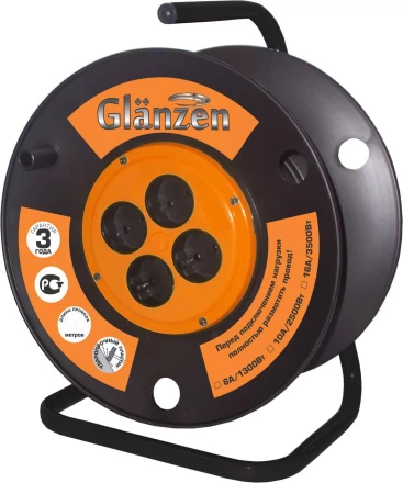 Катушка без провода GLANZEN 4 штепсельных гнезда с заземлением Ф210мм EK-00-210 купить в Перми