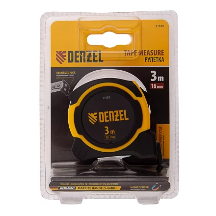 Рулетка Denzel 3м х 16мм, двухкомп. корпус, магнитный обрезиненный зацеп, 31530 купить в Перми