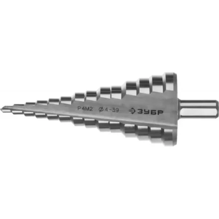 Сверло ЗУБР &quot;МАСТЕР&quot; ступенчатое по сталям и цвет.мет., быстрорежущая сталь, d=4-39мм,14ступ.d=4-39, L -113 мм, трехгран.хв. 10мм 29665-4-39-14 купить в Перми