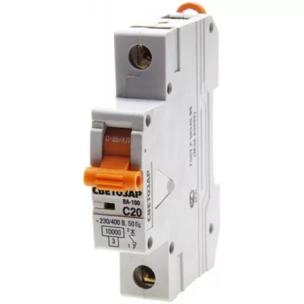 Выключатель автоматический СВЕТОЗАР 1-полюсный, 20 A, &quot;C&quot;, откл. сп. 10 кА, 230 / 400 В SV-49071-20-C купить в Перми