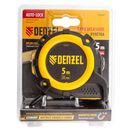 Рулетка Denzel 5м х 32мм, автоматич. фиксац., нейлон. покрытие, магнит. зацеп, двухстор. разметка 31523 купить в Перми