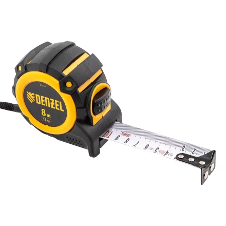 Рулетка Denzel 8м х 32мм, автоматич. фиксац., нейлон. покрытие, магнит. зацеп, двухстор. разметка, 31524 купить в Перми