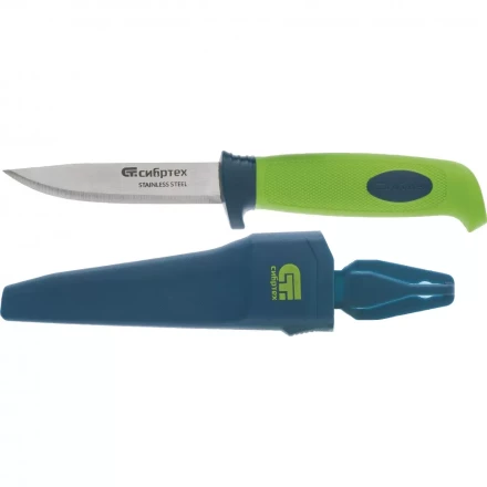 Нож универсальный с чехлом обрезиненная рукоятка 220мм лезвие - 100 мм Сибртех 79015 купить в Перми