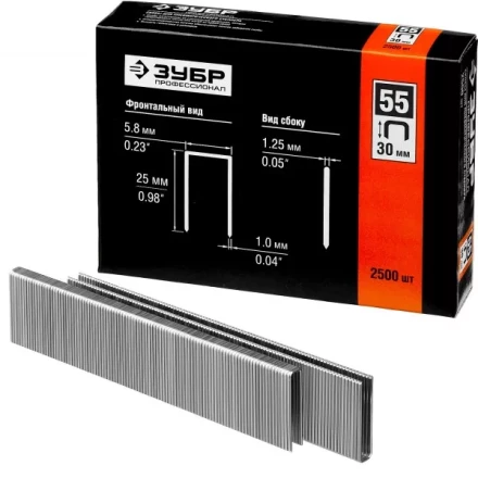 Скобы тип 55, 30 мм, особотвердые, ЗУБР &quot;ПРОФЕССИОНАЛ&quot; 31855-30, 2500 шт 31855-30 купить в Перми