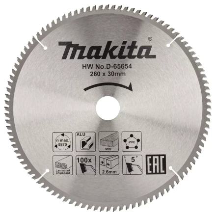 Диск пильный универсальный для алюминия/дерева/пластика Makita D-65654, 260x30x1.8 мм; 100 зубьев купить в Перми