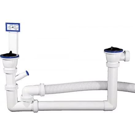 Сифон ЗУБР &quot;МАСТЕР&quot; колбовый для двухместной мойки, выпуск - нержавеющая чашка, перелив, отвод для стиральной машины 51867-2 купить в Перми