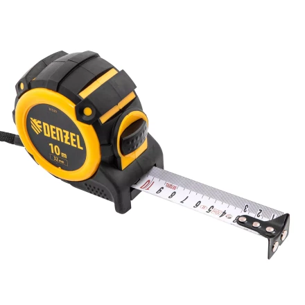 Рулетка Denzel 10м х 32мм, автоматич. фиксац., нейлон. покрытие, магнит. зацеп, двухстор. разметка, 31525 купить в Перми