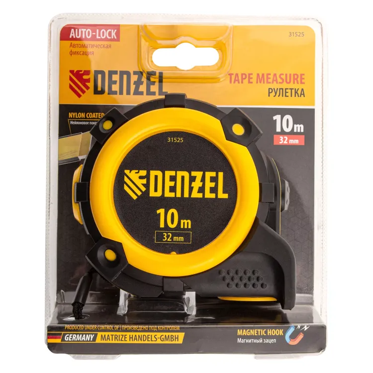 Рулетка Denzel 10м х 32мм, автоматич. фиксац., нейлон. покрытие, магнит. зацеп, двухстор. разметка, 31525 купить в Перми