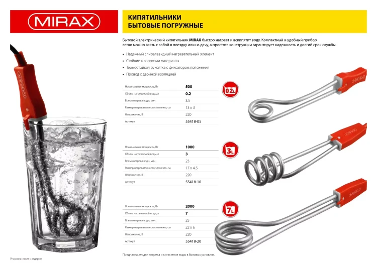 Кипятильник MIRAX, 500 Вт, 220В 55418-05 купить в Перми