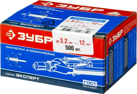 Заклепки ЗУБР алюминиевые, 3,2x12мм, 500шт 31305-32-12 купить в Перми